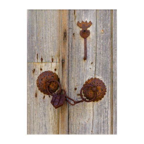 Rusty vintage old iron padlock on a wooden door _ acrylic print