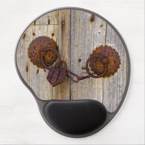 Rusty vintage old iron padlock on a wooden door  gel mouse pad