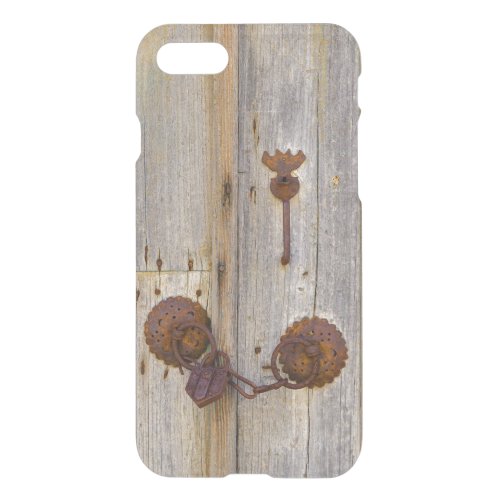 Rusty vintage old iron padlock on a wooden door __ iPhone SE87 case