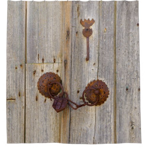 Rusty vintage old iron padlock on wooden door  Tub Shower Curtain