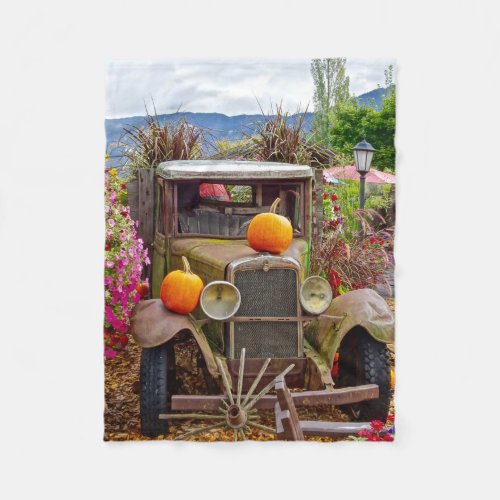 Rusty Vintage Truck Pumpkins Scene Fleece Blanket