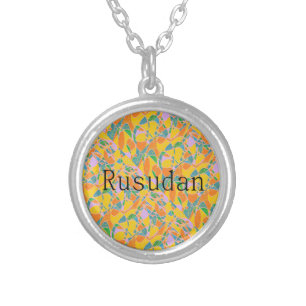 Rusudan female name with bright color abstract pat silver plated necklace