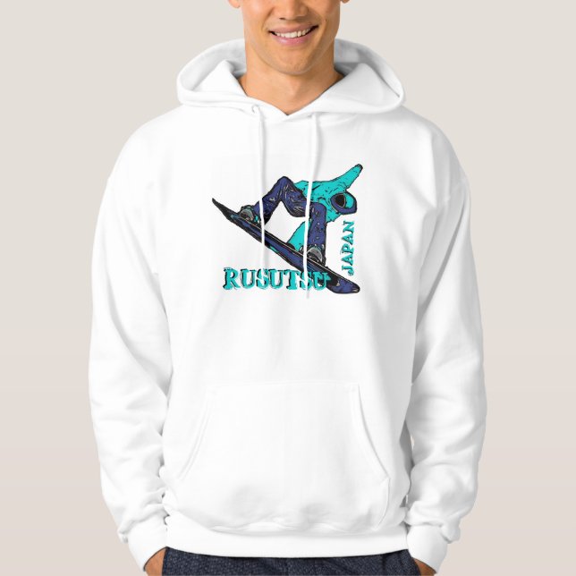 Rusutsu Japan teal theme mens snowboarder hoodie (Front)