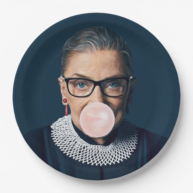 Ruth Bader Ginsburg Blowing Pink Bubble gum Paper Plates (Front)