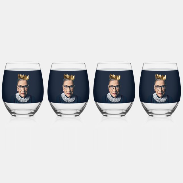 Ruth Bader Ginsburg with Gold Crown   Stemless Wine Glass (Front)