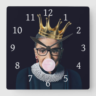 Ruth Ginsburg gold crown blowing pink gum Square Wall Clock