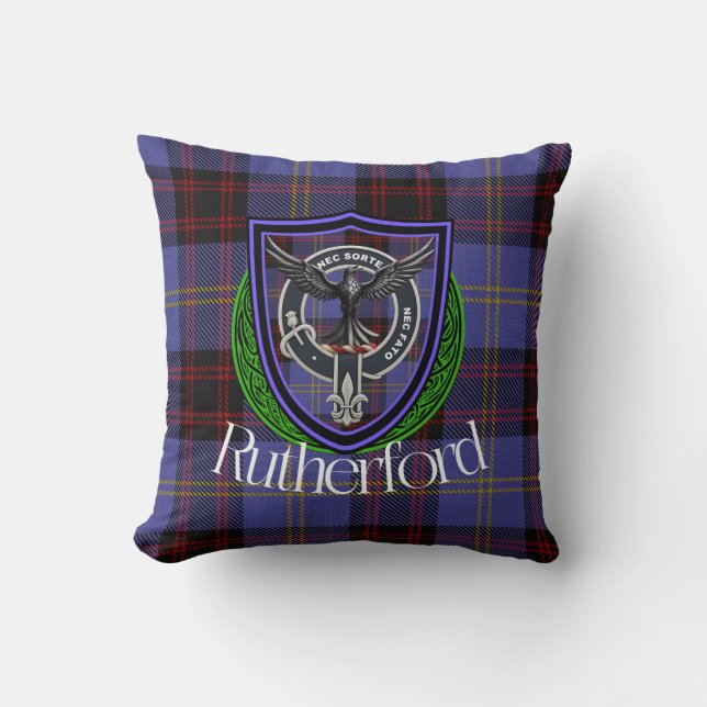 Rutherford Scottish Clan Tartan & Crest Throw Pillow (Front)
