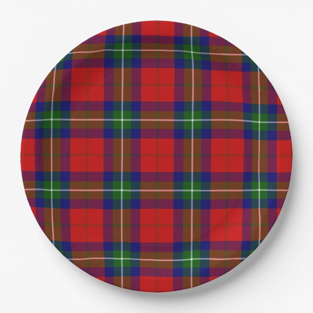 Ruthven tartan red green blue plaid paper plates (Front)