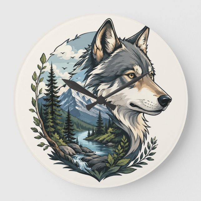 Rutic wolf Nature Scenic wall Clouk  Large Clock (Front)