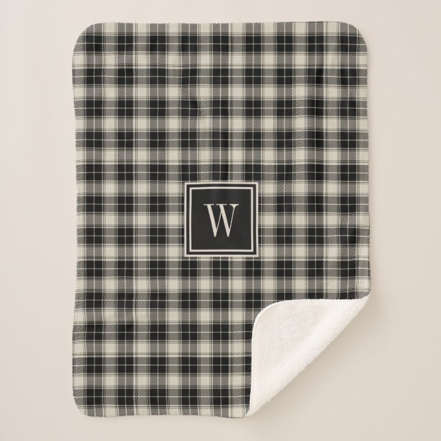 Rutstic Black Plaid Pattern with Monogram Sherpa Blanket (Front)