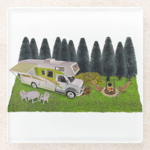 RV Camper in the Forest Glass Coaster