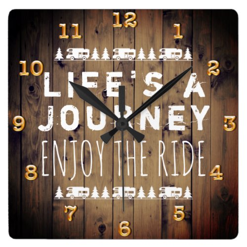RV Camper Travel Quote Rustic Wood Square Wall Clock