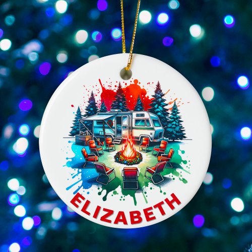 RV Camping and Campfire Custom Name Ceramic Ornament