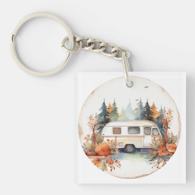 RV Camping in the Woods, RV camper Keychain (Front)