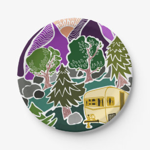 RV Camping Mountain Sun Scene Paper Plates