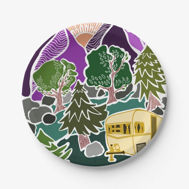 RV Camping Mountain Sun Scene Paper Plates (Front)