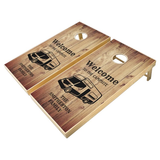 RV Camping Rustic Wood Family Name Cornhole Set (Angled)