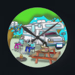 RV Cartoon 9475 Round Clock<br><div class="desc">A couple sit in front of their RV drinking wine while looking at birds sitting in front of a a small RV in a tree also drink wine.</div>
