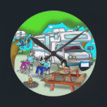 RV Cartoon 9475 Round Clock<br><div class="desc">A couple sit in front of their RV drinking wine while looking at birds sitting in front of a a small RV in a tree also drink wine.</div>