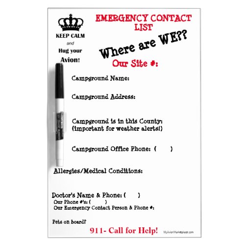 RV Emergency Contact Info Board_Where are we Dry Erase Board