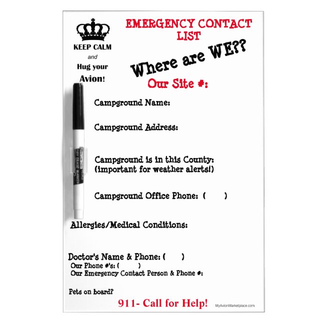 RV Emergency Contact Info Board-Where are we? Dry Erase Board (Front)