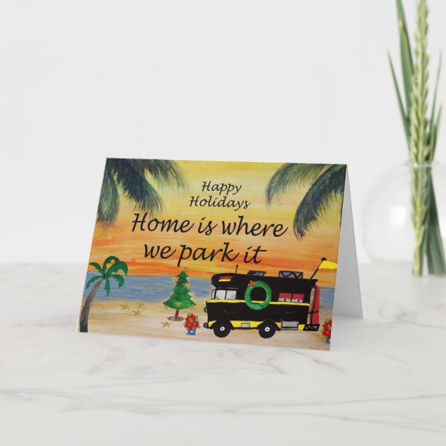RV Holiday Christmas camper in beach sunset cards (Front)