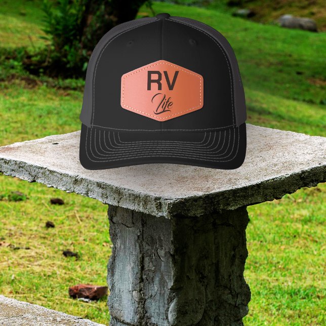 RV Life Happy Camper Campground Adventure Leather Patch Hat (Creator Uploaded)