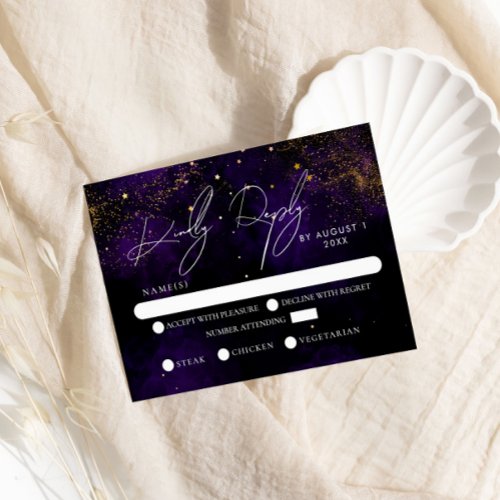 RVSP Dark Purple Watercolor Magical Gold Wedding  RSVP Card