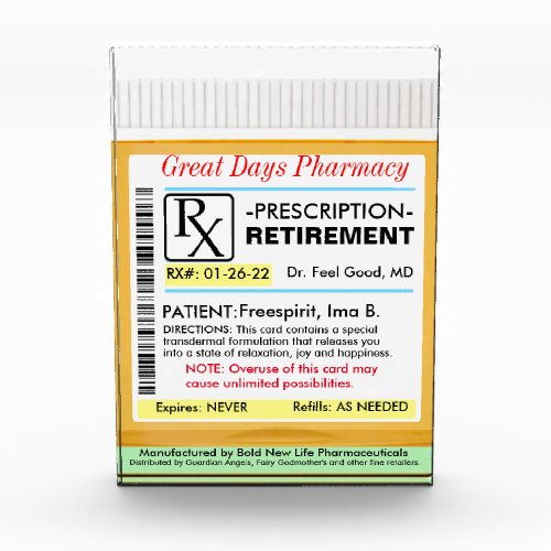 RX Prescription for Retirement Acrylic Award