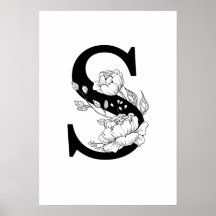 S botanical monogram. Letter initial with peonies