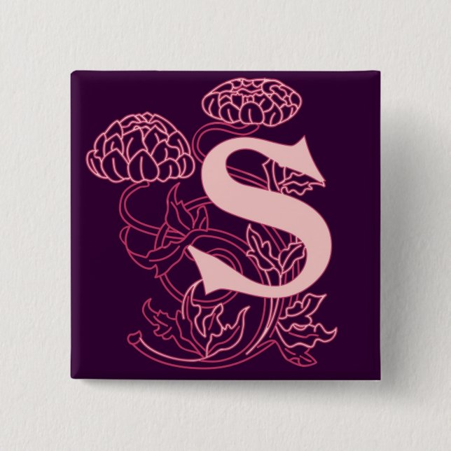 "S" Floral Art Nouveau Monogram Pinback Button (Front)