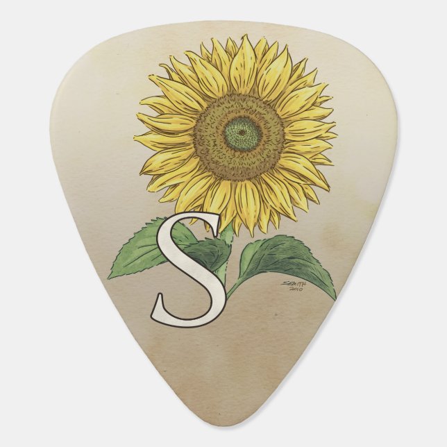 S for Sunflower Flower Monogram Guitar Pick (Back)