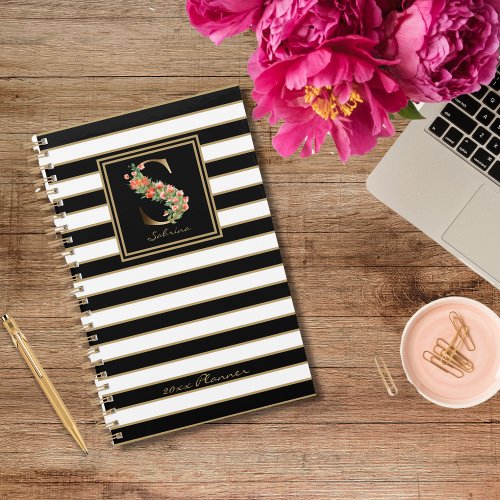 S Gold Floral Monogram  Black White Gold Stripes Planner