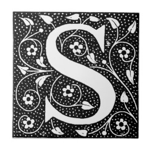 S initial vintage floral ceramic tile