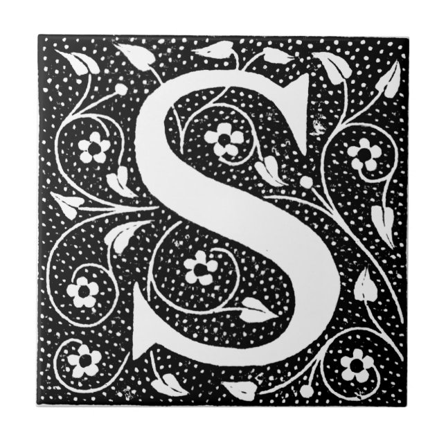 S initial vintage floral ceramic tile (Front)