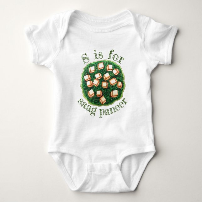 S is for Saag Paneer Indian Spinach Cheese Dish Baby Bodysuit (Front)