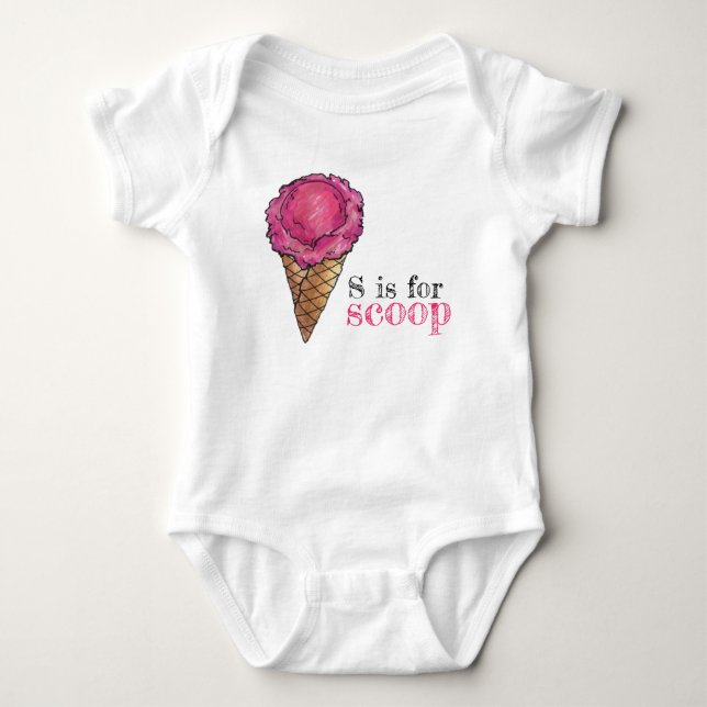 S is for Scoop Pink Strawberry Ice Cream Cone Baby Bodysuit (Front)