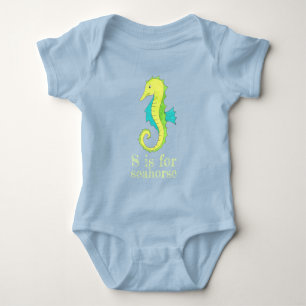 S is for Seahorse Sea Horse Blue Green Beach Ocean Baby Bodysuit