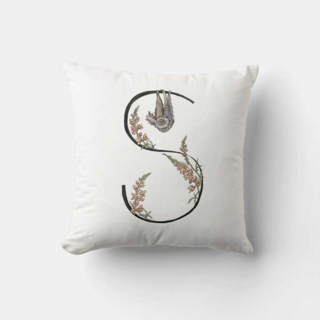 S is for Sloth and Snapdragons pillow! Throw Pillow (Front)