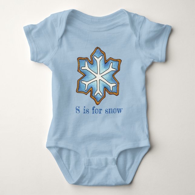 S is for Snow Blue Winter Holiday Snowflake Cookie Baby Bodysuit (Front)