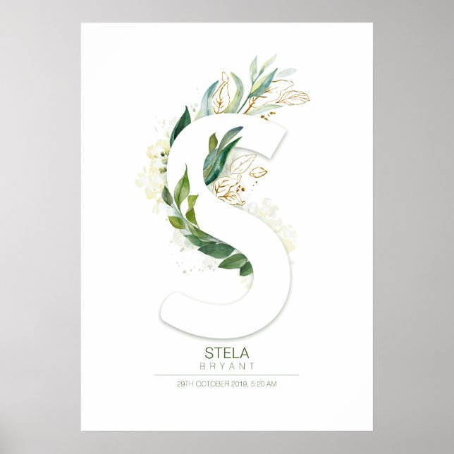 S Letter Monogram Gold Greenery Foliage Chic Poster (Front)