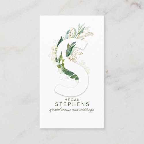 S Letter Monogram Gold Greenery Leaves Elegant Business Card