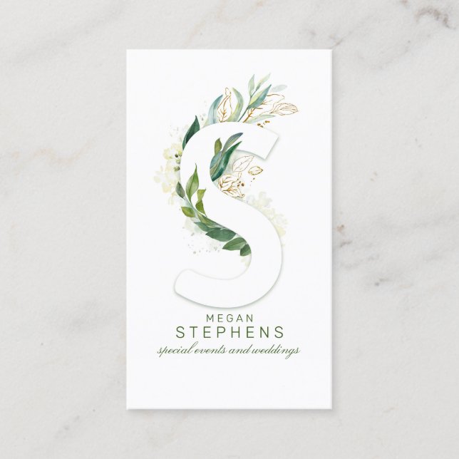 S Letter Monogram Gold Greenery Leaves Elegant Business Card (Front)