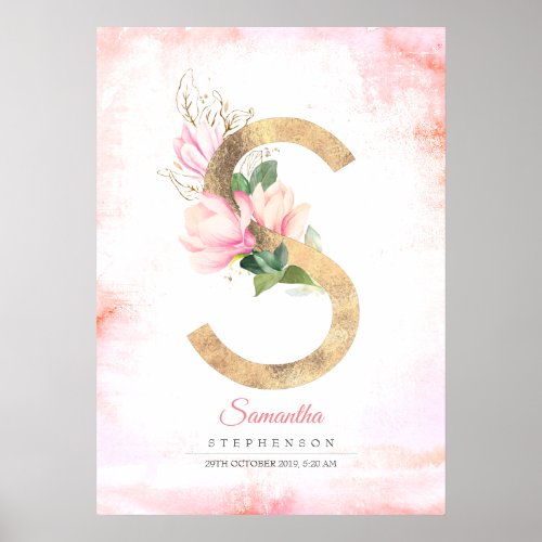 S Letter Monogram Gold Leaves Pink Magnolia Floral Poster