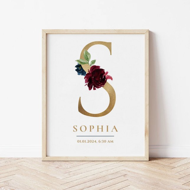 S Letter Monogram Name Marsala Floral Nursery Poster (Creator Uploaded)
