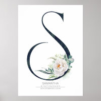 S Letter Monogram White Flowers and Greenery Poster