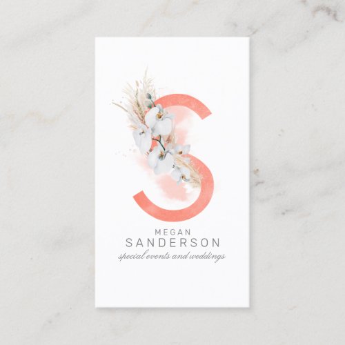 S Letter Monogram White Orchids and Pampas Grass Business Card