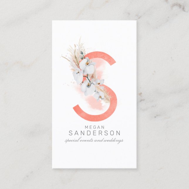 S Letter Monogram White Orchids and Pampas Grass Business Card (Front)
