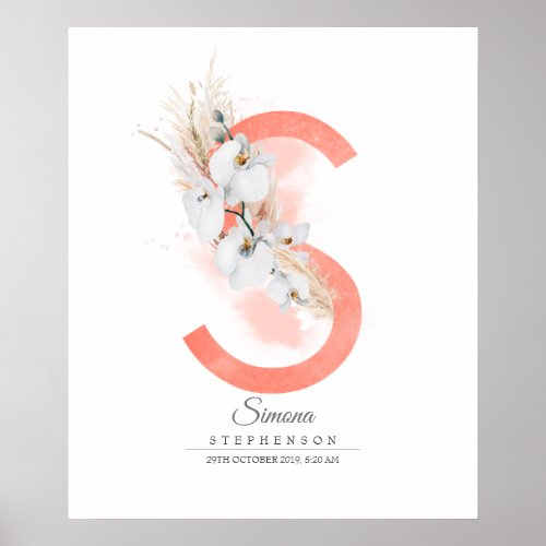 S Letter Monogram White Orchids and Pampas Grass Poster