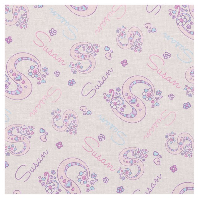 S monogram and personalized name Susan fabric (Close Up)